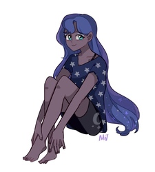 Size: 1150x1280 | Tagged: safe, artist:dusty-munji, princess luna, human, g4, clothes, female, humanized, shirt, shorts, simple background, sitting, solo