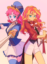 Size: 1063x1453 | Tagged: safe, artist:dusty-munji, pinkie pie, sunset shimmer, equestria girls, g4, bowtie, clothes, cute, duo, hat, open mouth, simple background, skirt, socks, sword, thigh highs, thigh socks, weapon