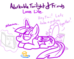 Size: 1280x1029 | Tagged: safe, artist:adorkabletwilightandfriends, spike, twilight sparkle, alicorn, dragon, pony, g4, adorkable twilight, banana, computer, food, glowing, glowing horn, horn, instructions, laptop computer, magic, magic aura, muffin, telekinesis, twilight sparkle (alicorn)