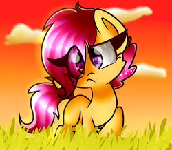 Size: 1375x1200 | Tagged: dead source, safe, artist:artypaints, scootaloo, earth pony, pegasus, pony, g4, cute, cutealoo, eye clipping through hair, female, frown, race swap, solo