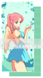Size: 1000x1800 | Tagged: safe, artist:dusty-munji, fluttershy, human, g4, backless, clothes, dress, female, humanized, obtrusive watermark, open-back dress, pony coloring, sample, solo, watermark