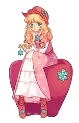 Size: 623x966 | Tagged: safe, artist:dusty-munji, applejack, spirit of hearth's warming past, human, a hearth's warming tail, g4, apple, beautiful, clothes, dress, female, food, humanized, simple background, solo