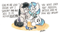 Size: 2325x1306 | Tagged: safe, artist:bobthedalek, dj pon-3, octavia melody, vinyl scratch, earth pony, pony, unicorn, g4, angry, broken, duo, headphones, traditional art, vase