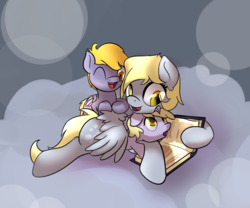 Size: 1080x900 | Tagged: safe, artist:klemm, crackle pop, derpy hooves, dinky hooves, pegasus, pony, g4, book, equestria's best mother, female, mare, mother and daughter, newbie artist training grounds, reading, siblings