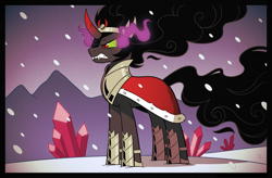 Size: 2573x1684 | Tagged: safe, artist:php104, king sombra, pony, unicorn, g4, armor, cape, clothes, fangs, glowing eyes, horseshoes, male, snow, solo, sombra eyes, stallion