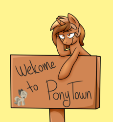 Size: 1280x1386 | Tagged: safe, artist:caballerial, oc, oc only, oc:sign, oc:stone, pony, unicorn, pony town, :t, freckles, pointing, sign, simple background, solo