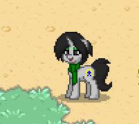 Size: 201x179 | Tagged: safe, oc, oc only, oc:joyride, pony, unicorn, colt quest, pony town, clothes, color, cutie mark, dirt, eyeshadow, female, grass, grin, horn, makeup, mare, scarf, smiling, solo, sprite