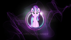 Size: 2560x1440 | Tagged: safe, artist:akakun, artist:thundy-r, starlight glimmer, g4, female, looking at you, neon, smiling, smug, smuglight glimmer, solo, text, vector, wallpaper