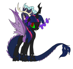 Size: 858x811 | Tagged: safe, artist:flawlessvictory20, artist:mn27, twilight sparkle, alicorn, changeling, draconequus, hybrid, pegasus, pony, g4, changelingified, colored, corrupted, dark magic, deer antler, discord sparkle, discorded, draconequified, evil twilight, female, fusion, grayscale, horn, ibex horn, jagged horn, magic, mare, mismatched horns, monochrome, serpent tail, simple background, snake tail, sombra eyes, species swap, tail, transparent background, twikonequus, twilight sparkle (alicorn), xk-class end-of-the-world scenario