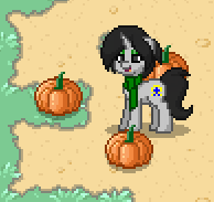 Size: 194x183 | Tagged: safe, oc, oc only, oc:joyride, pony, unicorn, colt quest, pony town, clothes, color, cutie mark, dirt, eyeshadow, female, food, grass, grin, horn, makeup, mare, pumpkin, scarf, smiling, solo, sprite