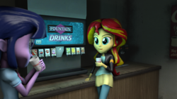 Size: 1920x1080 | Tagged: safe, artist:jarg1994, sunset shimmer, twilight sparkle, human, equestria girls, g4, 3d, conversation, cup, fountain drinks, leaning, source filmmaker