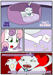 Size: 1226x1742 | Tagged: safe, artist:otakon, opalescence, rarity, sweetie belle, anthro, comic:the belle and the fat, g4, :<, :o, angry, claws, comic, dialogue, fangs, female, glare, lesbian, letter, love letter, open mouth, patreon, sad, sharp teeth, ship:raribelle, shipping, teeth, unhappy