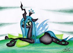 Size: 1024x748 | Tagged: safe, artist:thechrispony, queen chrysalis, changeling, changeling queen, g4, bugbutt, butt, chrysalass, crown, eyeshadow, female, jewelry, lidded eyes, looking at you, makeup, prone, regalia, solo, thighs, thunder thighs, traditional art