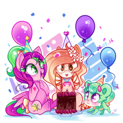 Size: 900x900 | Tagged: safe, artist:ipun, oc, oc only, oc:fawn, oc:gadget, oc:precious metal, earth pony, pegasus, pony, balloon, birthday party, blushing, cake, female, food, heart, heart eyes, mare, party, simple background, white background, wingding eyes