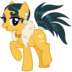 Size: 3000x3000 | Tagged: safe, artist:cheezedoodle96, cleopatra jazz, earth pony, pony, dungeons and discords, g4, .svg available, ear piercing, earring, eyeshadow, feather boa, female, fur scarf, high res, jewelry, lidded eyes, looking at you, makeup, mare, necklace, piercing, raised hoof, simple background, smiling, solo, svg, tail wrap, transparent background, vector