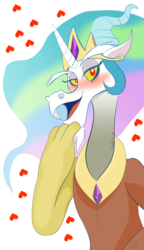 Size: 1000x1739 | Tagged: safe, artist:klondike, discord, dungeons and discords, g4, discord's celestia face, heart, male, solo