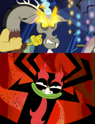 Size: 500x651 | Tagged: safe, edit, edited screencap, screencap, discord, dungeons and discords, g4, aku, comparison, crossover, great flaming eyebrows, samurai jack