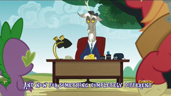 Size: 1280x720 | Tagged: safe, edit, edited screencap, screencap, big macintosh, discord, spike, earth pony, pony, dungeons and discords, g4, and now for something completely different, caption, generation b, image macro, male, meme, monty python, monty python's flying circus, stallion