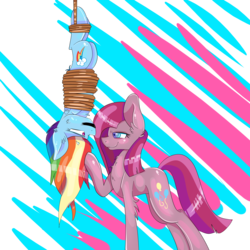 Size: 3000x3000 | Tagged: safe, artist:sunshinejoyyt, pinkie pie, rainbow dash, earth pony, pegasus, pony, g4, bondage, female, gag, high res, mare, pinkamena diane pie, rope, suspended, tape gag, tied up