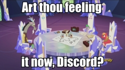 Size: 1920x1080 | Tagged: safe, edit, edited screencap, screencap, big macintosh, discord, spike, draconequus, dragon, pony, dungeons and discords, g4, caption, discovery family logo, dungeons and dragons, fangs, floppy ears, freckles, image macro, male, meme, mid-life crustacean, ogres and oubliettes, open mouth, sitting, smiling, spongebob squarepants, stallion, tabletop game, unshorn fetlocks