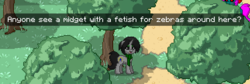 Size: 645x218 | Tagged: safe, oc, oc only, oc:joyride, pony, unicorn, colt quest, pony town, clothes, color, cutie mark, dirt, eyeshadow, female, grass, grin, horn, makeup, mare, scarf, smiling, solo, sprite, text, tree