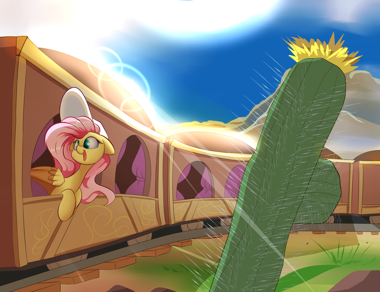 #1235458 - safe, artist:madacon, <b>fluttershy</b>, cactus, crepuscular rays, dese...