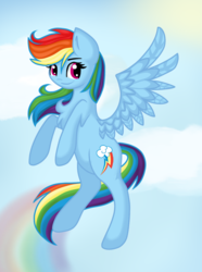Size: 1000x1344 | Tagged: safe, artist:sketchyhowl, rainbow dash, pegasus, pony, g4, backwards cutie mark, cloud, female, flying, looking at you, mare, sky, smiling, solo, sun