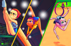 Size: 1920x1242 | Tagged: safe, artist:halem1991, apple bloom, scootaloo, sweetie belle, equestria girls, g4, alternate hairstyle, backbend, balance beam, balancing, clothes, cutie mark crusaders, flexible, gymnastics, leotard, olympics, rhythmic gymnastics, rio 2016