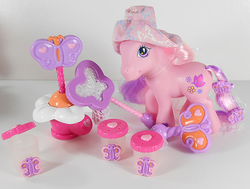 Size: 793x600 | Tagged: safe, photographer:breyer600, avalonia, butterfly, earth pony, pony, g3, accessory, brush, butterfly net, female, hat, irl, mare, photo, solo, toy