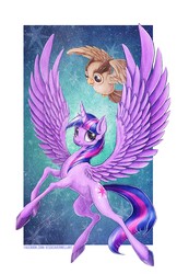 Size: 3300x5100 | Tagged: safe, artist:jessicavernell, owlowiscious, twilight sparkle, alicorn, owl, pony, g4, abstract background, duo, female, mare, spread wings, twilight sparkle (alicorn)