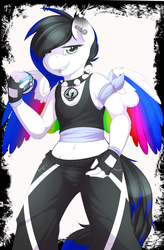 Size: 1256x1920 | Tagged: safe, artist:camychan, oc, oc only, oc:spirit beat, anthro, belly button, charm, choker, clothes, ear piercing, femboy, fingerless gloves, gloves, looking at you, male, midriff, piercing, poké ball, pokémon, pokémon sun and moon, solo, spiked choker, tank top, team skull