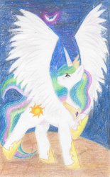 Size: 3104x4992 | Tagged: safe, artist:pixel-penguin-da, princess celestia, princess luna, g4, crying, looking up, moon, raised hoof, sad, spread wings, to the moon, traditional art