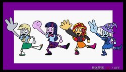 Size: 672x384 | Tagged: safe, artist:garammasara, derpy hooves, sunset shimmer, trixie, twilight sparkle, equestria girls, g4, counterparts, japanese, magical trio, peace sign, twilight sparkle (alicorn), twilight's counterparts