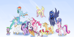 Size: 2000x1000 | Tagged: artist needed, safe, apple bloom, applejack, fluttershy, pinkie pie, princess celestia, princess luna, rainbow dash, rarity, scootaloo, spike, sweetie belle, twilight sparkle, g4, cutie mark crusaders, eating, flying, gradient background, mane six, party horn, running, walking