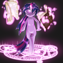 Size: 1000x1000 | Tagged: safe, artist:wookylee, twilight sparkle, pony, unicorn, g4, bipedal, book, eyes closed, female, magic, magic circle, solo, unicorn twilight