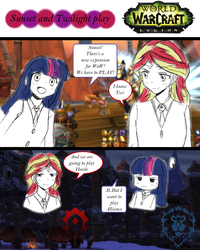 Size: 1280x1603 | Tagged: safe, artist:angeltorchic, sunset shimmer, twilight sparkle, equestria girls, g4, alliance, class, clothes, comic, dialogue, emblem, horde, legion, open mouth, speech bubble, twilight sparkle (alicorn), warcraft, world of warcraft