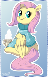 Size: 1231x2000 | Tagged: safe, artist:espeonna, fluttershy, pegasus, pony, g4, alternate hairstyle, best pony, bottomless, chocolate, clothes, cute, cyan eyes, cyan sweater, digital art, female, food, gradient background, hot chocolate, looking at you, looking back, looking back at you, mare, mug, partial nudity, pink hair, pink mane, pink tail, shyabetes, sitting, smiling, solo, sweater, sweatershy, turned head, turtleneck, yellow coat