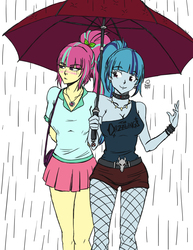 Size: 2550x3300 | Tagged: safe, artist:enyoiyourself, sonata dusk, sour sweet, equestria girls, g4, alternate clothes, blushing, breasts, choker, cleavage, duo, female, fishnet stockings, high res, lesbian, shipping, sournata, spiked choker, umbrella, umbrella corporation