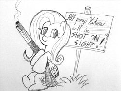 Size: 1280x960 | Tagged: safe, artist:ladycookie, fluttershy, g4, female, folded wings, grayscale, gun, gun shaped object, holding, looking at you, monochrome, shotgun, sign, sitting, solo, traditional art, weapon