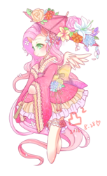 Size: 868x1417 | Tagged: safe, artist:sugarcubeee, fluttershy, pony, g4, bipedal, clothes, dress, female, flower, flower in hair, holding, obi (clothing), simple background, socks, solo, spread wings, transparent background, umbrella