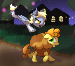 Size: 1000x880 | Tagged: safe, artist:klemm, carrot top, derpy hooves, golden harvest, pegasus, pony, vampire, g4, clothes, costume, female, food, food costume, mare, muffin, muffin costume, newbie artist training grounds, nightmare night, nightmare night costume