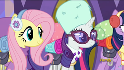 Size: 1280x720 | Tagged: safe, screencap, fluttershy, rarity, twilight sparkle, alicorn, pony, dungeons and discords, g4, clothes, discovery family logo, earmuffs, glasses, hat, sweater, turtleneck, twilight sparkle (alicorn)