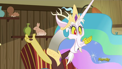 Size: 1280x720 | Tagged: safe, screencap, discord, princess celestia, draconequus, dungeons and discords, g4, cute, discord's celestia face, discovery family logo, discute, grin, male, smiling, solo