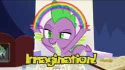 Size: 1920x1080 | Tagged: safe, edit, edited screencap, screencap, spike, dungeons and discords, g4, discovery family logo, dungeons and dragons, idiot box, imagination, meme, ogres and oubliettes, rainbow, spongebob squarepants