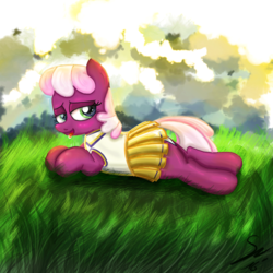 Size: 1200x1200 | Tagged: safe, artist:shogundun, cheerilee, earth pony, pony, g4, the cart before the ponies, cheerileeder, cheerleader, female, mare, prone, solo, tongue out