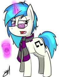 Size: 790x1011 | Tagged: safe, artist:macdaddyzak, dj pon-3, vinyl scratch, g4, clothes, female, hipster, magic, scarf, solo, starbucks, telekinesis