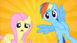 Size: 1062x599 | Tagged: safe, screencap, fluttershy, rainbow dash, pony, g4, what about discord?, do not want, flying, frown, open mouth, smiling, smirk, spread wings, varying degrees of want