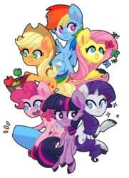 Size: 760x1051 | Tagged: safe, artist:looji, applejack, fluttershy, pinkie pie, rainbow dash, rarity, twilight sparkle, alicorn, butterfly, pony, g4, apple, food, mane six, party cannon, twilight sparkle (alicorn)