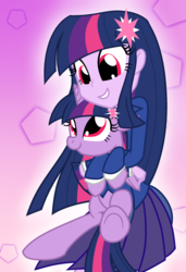 Size: 1300x1900 | Tagged: safe, artist:geraritydevillefort, twilight sparkle, human, pony, the count of monte rainbow, equestria girls, g4, clothes, crossover, cute, female, holding a pony, hug, human ponidox, mondego, monsparkle, red eyes, self ponidox, smiling, solo, square crossover, the count of monte cristo, twiabetes, twilight sparkle (alicorn), wrong eye color