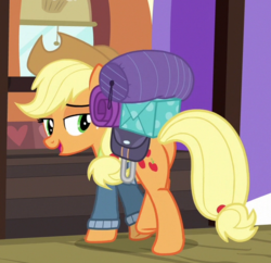 Size: 524x507 | Tagged: safe, screencap, applejack, earth pony, pony, dungeons and discords, g4, bedroll, butt, cropped, female, freckles, lidded eyes, mare, open mouth, plot, saddle bag, solo
